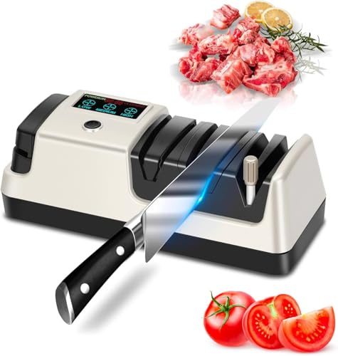 NATGIFT Electric Knife Sharpener 5-in-1 Kitchen Knives Sharpeners with 100% Diamond Abrasives, 3-Speed Variable with LCD Screen for Serrated Lawn Blades Edges, Scissors & Axe, Silvery