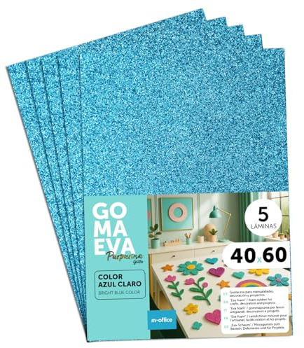 m-office Moosgummi Platten mit Glitzer 40x60cm, Bunte EVA Foam Bastelplatten für Kinder, DIY, Schule, Deko & Kunstprojekte – Ideal als Bastelpapier, Moosgummi mit Glitzer (Hellblau, 5 uds)
