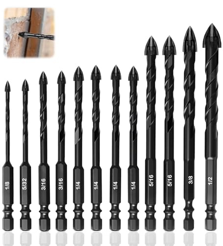 10PCS Masonry Drill Bit Sets Concrete Drill Bit for Tile Brick Glass Plastic Wood Porcelain Tungsten Carbide Tip Work with Ceramic Tile, Wall Mirror, Paver on Concrete or Brick Wall (3-12mm)