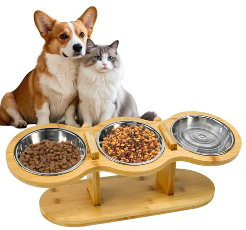 Zuxbolf Katzennapf Erhöht Futterstation Katzen mit 3 Edelstahl Schüsseln 15° Gekippte Ergonomischer Futterstation Höhe Verstellbar Futternapf Fressnapf und Wassernapf für Katzen und Kleine Hunde