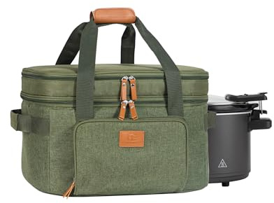 FUN ELEMENTS Double Layer Slow Cooker Carrying Bag for 6-8 Quart Oval CrockPot, Insulated Travel Carrier with Support Pad and Adjustable Straps, Top Zip Compartment and Front Pocket for Utensils,Green