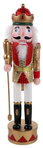 OUNONA Figura de Soldado Cascanueces de Navidad, decoración navideña, Estilo Rey, Cascanueces, 14 Pulgadas, con Lentejuelas Rojas y Doradas, Soldado de Juguete de Madera, Estatua para Fiesta