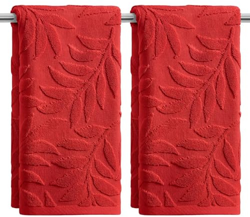 Artoid Mode Red 3D Leaves Jacquard Spring Hand Towels for Bathroom 35 x 75 cm, 100% Cotton Soft Absorbent Bathroom Decor Towels Set of 2