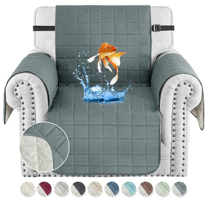 MAXIJIN Waterproof Chair Cover Slipcovers, 23.5 Quilted Armchair Sofa Cover Washable Dog Couch Covers Protector with Elastic Strap & Side Pocket (Dark Grey, 1 Seater)