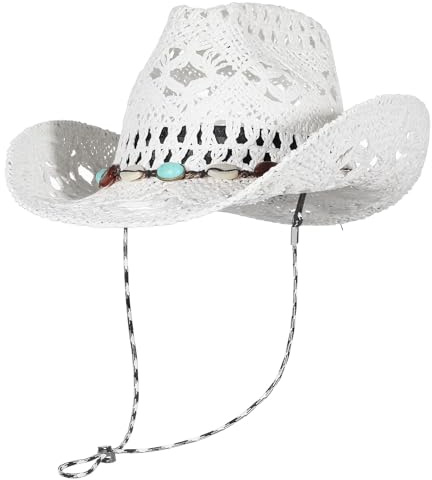 GEMVIE Sombrero de Vaquero Occidental Tejido a Mano con ala Ancha de Paja Panamá Sombrero de Sol para Hombre y Mujer, Sombrero de Playa Bohemio, Blanco-Forma, 56-58