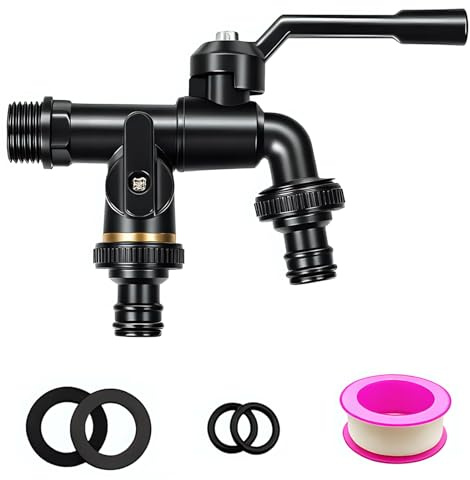 Wasserhahn Garten 1/2 zoll, 2 Ausgängen (2x 1/2 AG) | Frostsicherer Außenwasserhahn/Doppelwasserhahn für Bewässerung, Waschmaschine & Regentonne | Schwarz, hochwertige Messing-Konstruktion