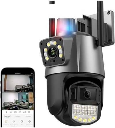 DMETE Telecamera PTZ 4K 8MP HD esterna a doppio schermo a obiettivo AI Auto Tracking 4MP Video sorveglianza Allarme luce polizia Installazione semplice(4MP Add 64G SD Card)
