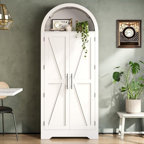 Merax Gewölbter Küchenschrank, Bogenschrank mit Doppeltüren, 4 Regale und Offenem Oberteil, Standregal mit Aufbewahrungsfunktion, Vitrinenschrank für Küche, Esszimmer, Wohnzimmer, 70x35x170cm, Weiß
