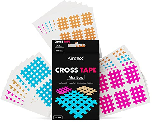 Kintex Cross Tape - selbstklebendes, hautfreundliches, wasserfestes Kinesiologie-Tape - Gittertape für Schmerz- und Trigger-Punkte - 102 Stück in verschiedenen Farben und Größen