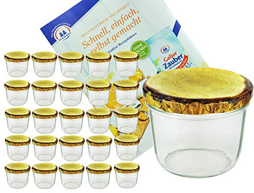 MamboCat 25er Set Sturzglas, 230 ml mit to 82, Deckel mit Holz-Dekor, Einmachglas, Einweckglas inkl. Diamant-Zucker Gelierzauber Rezeptheft