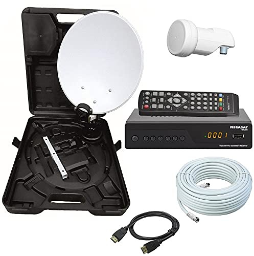 netshop 25 Camping SAT Koffer 40cm Spiegel + HD Receiver (12V & 220V) + Single LNB + 10m Kabel
