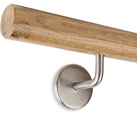 Pasamanos de madera de roble, redondo, 45 mm, incluye soportes de acero inoxidable (190 cm + 2 soportes)