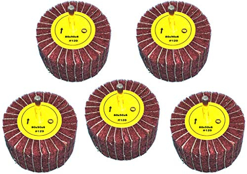 5 Stück Fächerschleifer mit Vlies-Gewebekombination 80mmx50mm, 6mm Einspannschaft, Körnung: 120 - Schleifmopstift, Lamellenschleifer, Schleifmop Schleifvlies, Lamellenrad mit Schaft.