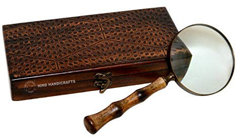 Antique Handheld Magnifier with 3 inch Brass Framed Magnifying Glass with Wooden Carved Handmade Flamed Handle | Office Ware Decorative Zooming Lens | for Father/Mother/Thanksgiving/Anniversary