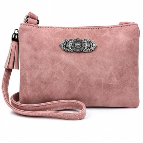 Trachtenland Damen Trachten Handtasche Sofia – Dirndl Umhängetasche aus Lederimitat mit Applikation & Troddel in Pastellfarben oder Schwarz (Rosa, ca. 18 x 12 x 8 cm)