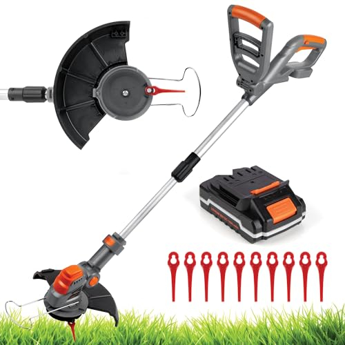 Terratek Cordless Strimmer 20V 1HR Fast Charge Battery Garden Strimmer, Lightweight Grass Cutter Machine 10x Blades, Cordless Grass Trimmer with 1x Battery and Charger Included