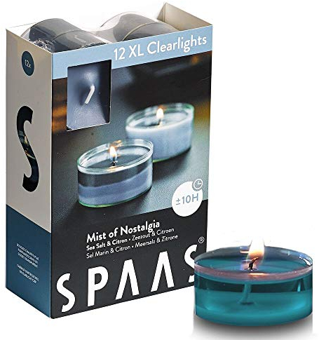 Spaas 12 Maxi Scented Tealights in Transparent Clear Cup, ± 10 Hours, Mist of Nostalgia,Sea Blue