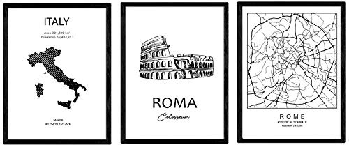 Nacnic Pack de posters de paises y monumentos. Mapa ciudad de Roma, monumento Coliseo y mapa Italia. Tamaño A3