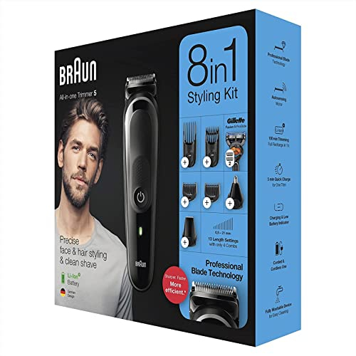 BRAUN MGK5260 RECORTADORA DE BARBA Y CUERPO 8 EN 1 CON 6 ACCESORIOS Y MAQUINILLA GILLETTE FUSION5 PROGLIDE