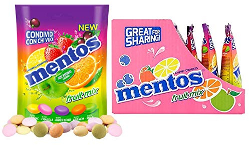 Mentos Fruit Mix, Caramelle Confettate, Gusto Limone, Fragola, Ribes Nero, Arancia, Mela Verde, Confenzione con 7 Buste Richiudibili, Formato Pratico e Comodo da portare Sempre con Te