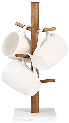 Buruis Wood Mug Holder, Marble Base Cup Rack Tree, Cup Stand Hanger, Kitchen Coffee Mug Tree Countertop Tea Cups Holder Stand, Coffee Mugs Dryer with 6 Hooks, White