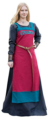Battle-Merchant Hilja - Damer vikingaklänning - medeltida snörklänning med broderier - LAJV-klädsel av bomull - blå/senapsgul eller röd/petrol - stl. S-XXL - röd - S