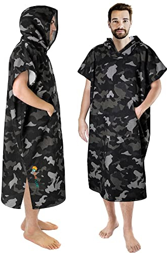 SUN CUBE Surf poncho ombytesrock med huva | Tjock snabbtorkande mikrofiber våtdräkt byte handduk för surfing strand simning utomhussport -kamouflage svart