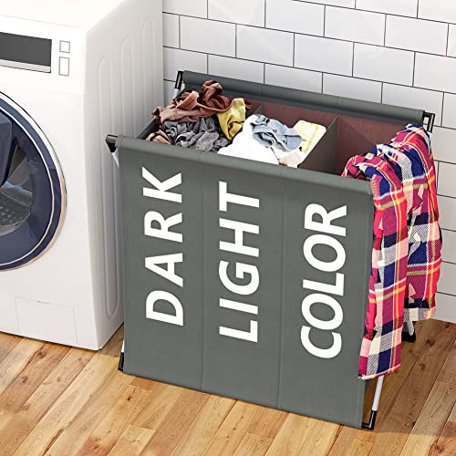BAKAJI Cesto Porta Biancheria Sporca Portabiancheria 3 Scomparti Struttura in Metallo Pieghevole e Sacco in Tessuto Decorazione Sritta Contenitore Salvaspazio con Coperchio (Grigio Scuro)