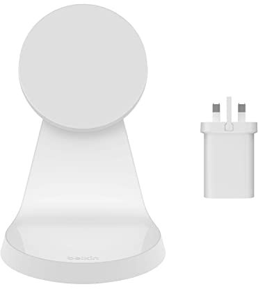 Belkin Magnetischer kabelloser Ladeständer (kompatibel mit MagSafe für iPhone 14, iPhone 13 und iPhone 12 Serie und Anderen MagSafe-fähigen Geräten, 20 W PD-Netzteil im Lieferumfang enthalten) – Weiß