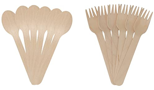 EPISENT Disposable Wooden Spoon & Fork, Biodegradable Compostable Cutlery – Plastic-Free, Durable Birchwood Spoon & Fork for Parties, Travelling and Everyday Use (Spoon – 𝟏𝟎𝟎pcs & Fork – 𝟏𝟎𝟎pcs)