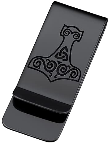 FaithHeart Herr sedelklämma i rostfritt stål viking sedelklämma för män kvinnor money clip med gravyr helig Michael sedelklämma för fars dag födelsedag, Mjölnir-svart