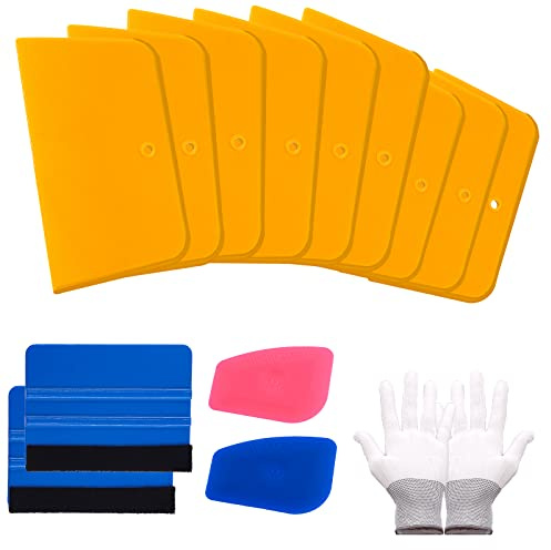 Glarks 14Pcs Car Vinyl Wrap Window Tint Film Applicator Tool Kit, Body Filler Spreaders Plastic Scrapers and Felt Edge Squeegees with Gloves for Applying Fillers Putties Glazes Caulks Wall Decal