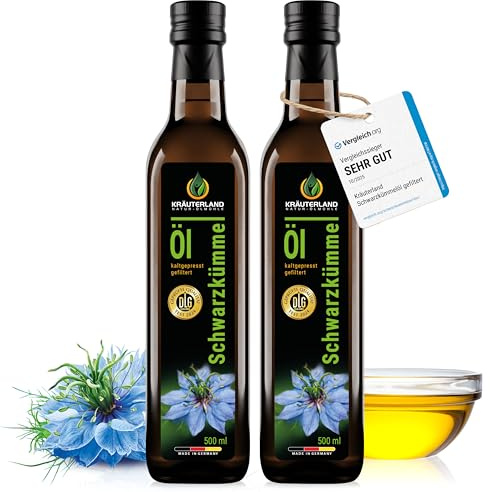 Kräuterland Schwarzkümmelöl kaltgepresst gefiltert 2x500ml (1Liter) | 100% Nigella Sativa, hoher Thymochinongehalt, ohne Konservierungsstoffe & Aromen, nativ, vegan, mühlenfrisch in glasflasche