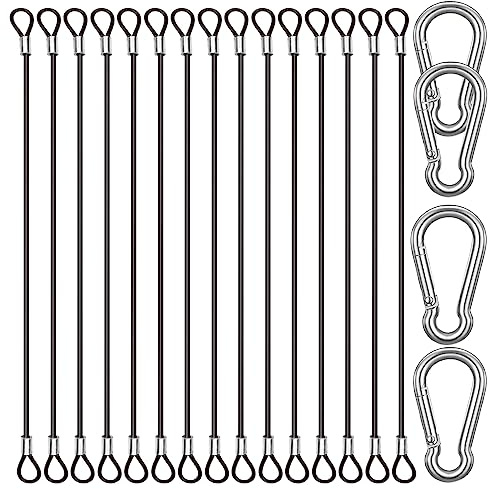 CKANDAY 15 Pack 8 Inch(20cm) Stainless Steel Tethers with 4 Pcs Spring Snap Hook Clips, Steel Wire Cable with Loops Vinyl Cover Coated Short Rope Lanyard Lock Tether Chains, Black