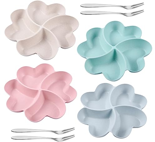 Snackteller mit Fächern, 4 Stück Herzförmige Snackteller, mit 4 Stück Fruchtgabel Aus Edelstahl Wiederverwendbar Snackschale für Familie Esszimmer Lagerung Frucht Snack