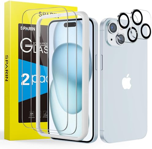 SPARIN Vetro Temperato per iPhone 15 6,1 Pollice Contengono 2 Protezione Schermo e 2 Fotocamera Posteriore Protector, Set di 4, Vetro Protezione con Strumento di Allineamento Facile, HD