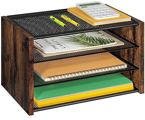 3-Tier Paper Letter Tray, Wooden Desk File Organizer, Stackable Metal Mesh Desk Organizer for Office Supplies. Small Paper Trays for Home Office School, Rustic Brown