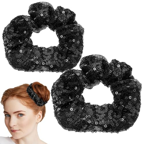 Ipetboom 2 Stück Glitzer Haargummi Weihnachten Schwarz Farbige Pailletten Elastische Haarbänder Schwarze Scrunchies für Frauen Mädchen Teenager, Weihnachts Funkelnde Haargummis für Party und Alltag