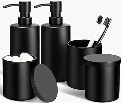 ALPIRIRAL Matte Black Bathroom Accessories Set, 5 Pcs Bathroom Accessories Set, Glass Soap Dispenser and Toothbrush Holder Set, Qtip Holder and Cotton Ball Holder, Modern Bathroom Decor Sets