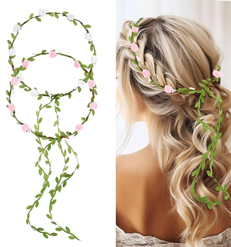 Andibro Damen Girlande Stirnband, 2 Stücke Blumenkrone Stirnband Boho Blumen Haarband Handgefertigte Rosenblatt Haarbänder Hochzeits Party Geburtstag Kopfschmuck (weiß+rosa)