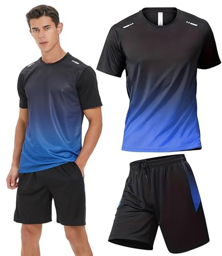 BOOMCOOL Fitnesscenter-Kleidung Trainingsshorts und Langarm-Shirts für Herren, Laufkleidung, schnell trocknend, Sport-Outfit-Sets, 6er-Pack, Blau, Large