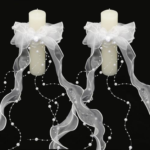 Lot de 2 bougies anti-gouttes pour communion - Blanc - Avec nœud en organza - Bougies anti-gouttes - Protection anti-gouttes pour bougie de baptême