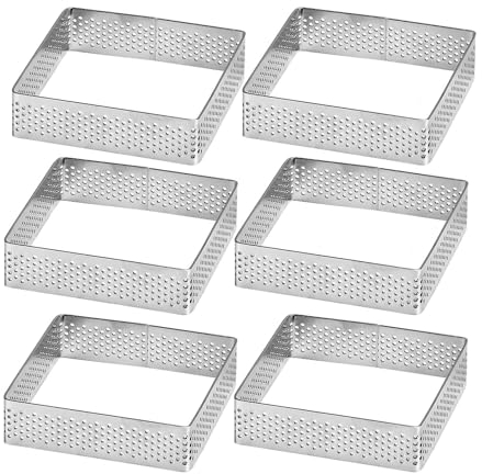 Xanewza Lot de 6 Cercle à Tarte Perforé Carré, Anneau à Tarte de Pâtisserie, Cercle Tartelette en Acier Inoxydable, Perforés pour Gâteaux en Mousse(7.5 * 7.5 * 2cm)