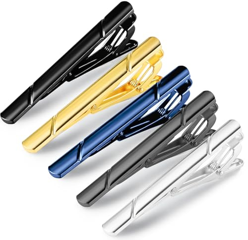 Giantree 5 Pcs Tie Clips for Men, Tie Clip, Tie Pins for Men, Stainless Steel Tie Clips for Men for Men Classic Gold Silver Black Blue Ink Black Tone Tie Bar for Wedding Anniversary Business