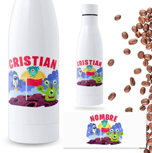 Botella personalizada con foto y texto 500ml | Botella de agua acero inoxidable térmica de doble capa | Libre de BPA y reutilizable | Bebidas frías 24h y calientes 12h (ALIEN, 500 ML)
