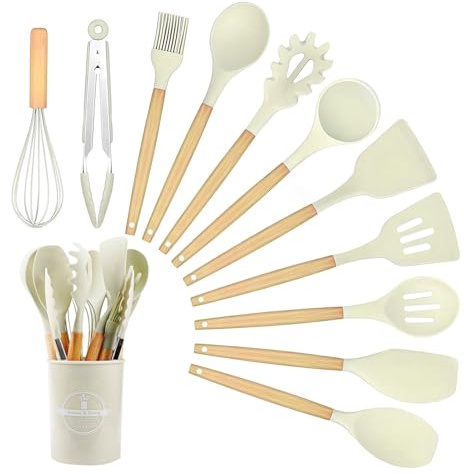 12 Stück Küchenhelfer Set, Silikon Kochutensilien Kochbesteck mit Holzgriff | Hitzebeständiger Kochbesteck mit Utensilienhalter, Antihaft Kochset Küchenutensilien, Spülmaschinengeeigne - Khaki