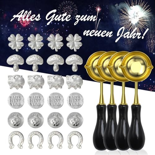28er-Set Zinngießen Set Silvestergießen mit 24 Zinnfiguren 4 Löffel, Zinn Giessen Silvester und Deutsche Bedienungsanleitung,Wachsgießen Glücksbringer für Silvester Spiele Silvestergießen Wahrsagerei