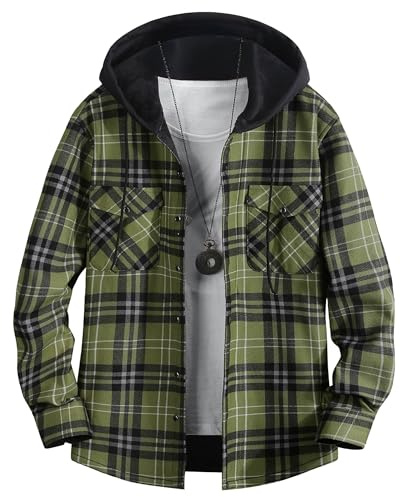 QIXING Men's Hoodies Flannel Plaid Hooded Shirt Jacket Winter Fleece-Lined Warm Hoodie Long Sleeve Soft Button-Down Coat with Hood(Black Light Green, M)