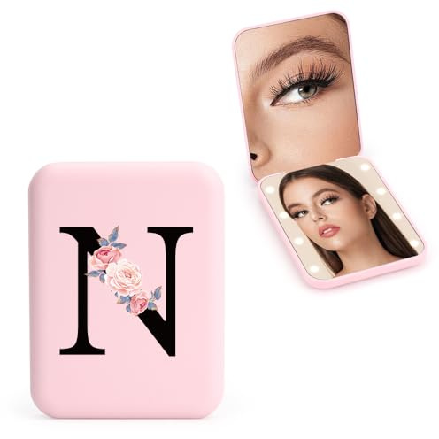 FIDWALL Personalizzato 1X/3X specchio ingranditore da viaggio, specchio portatile a LED, specchietto da borsetta, specchio tascabile iniziale, ragazza amica mamma insegnante damigella (N)