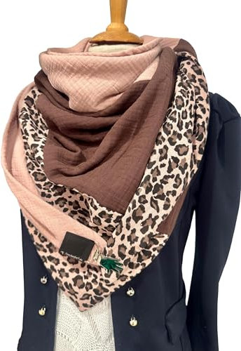 Handgemachter XXL Dreiecksschal Damen – Wendbarer Musselin Wickelschal mit Animalprint in Altrosa Braun – Tuecherfee Schal mit Clipverschluss als Schal, Stola oder Schalkragen